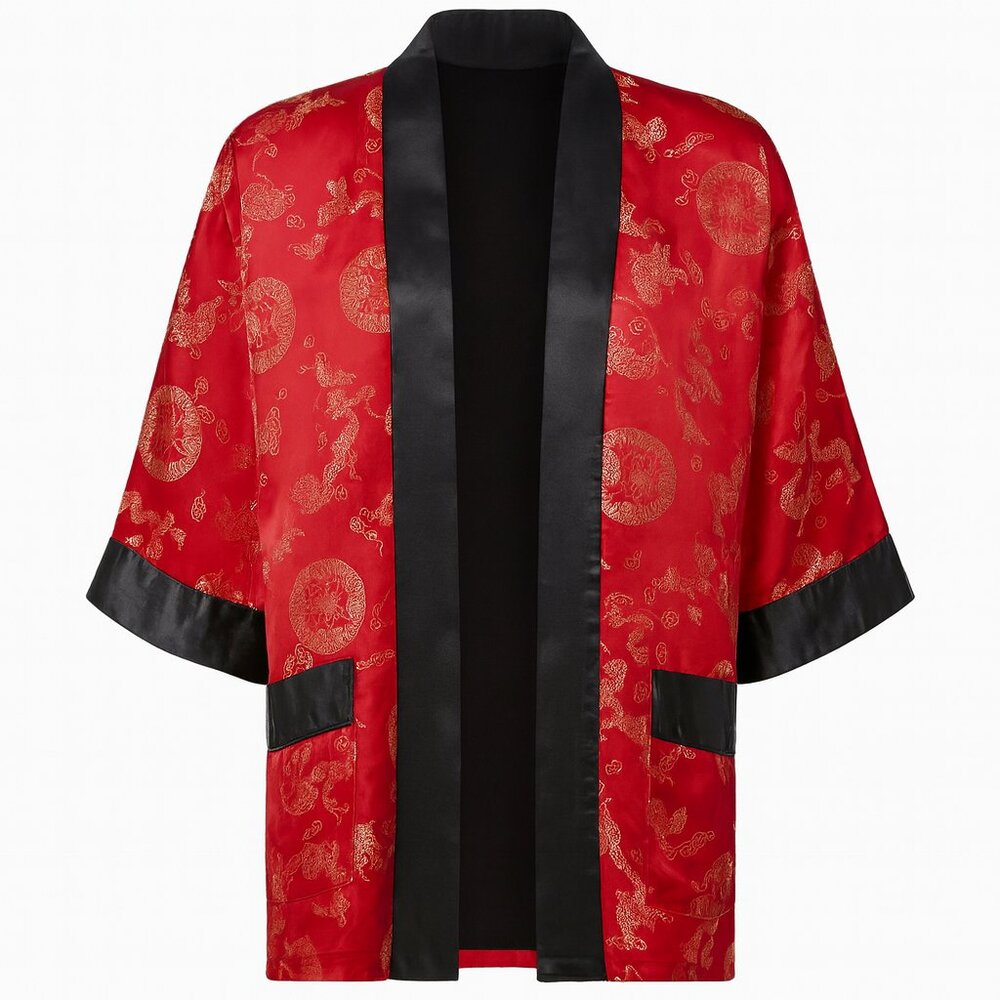 Longevity Hangzhou China Oriental Robe Smoking Jacket embroidered Gold dragons